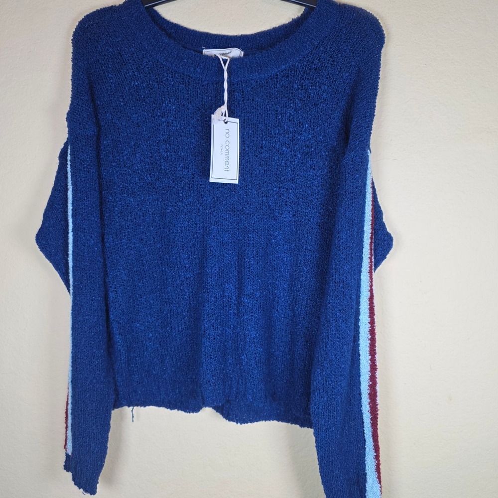 Royal Blue Popcorn Knit Striped Sleeve Scoop Neck Relaxed Pullover Sweater